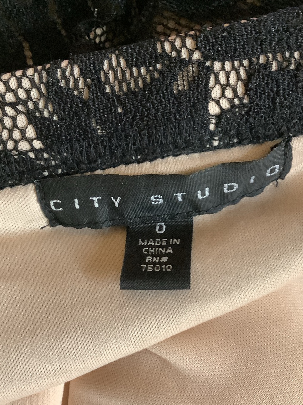 City Studio Size 0 Beige Top with Black Lace Accents Off The Shoulder, Preloved